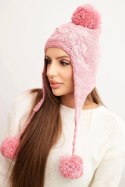 Czapka damska zimowa uszatka z pomponami K431 różowa