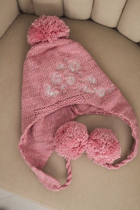 Czapka damska zimowa uszatka z pomponami K431 różowa