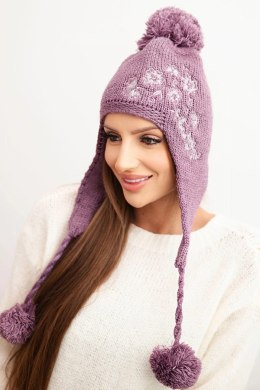 Czapka damska zimowa uszatka z pomponami K431 śliwkowa