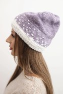 Czapka damska zimowa wełniana z wzorem geometrycznym K477 fioletowy + biały