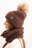 Komplet damski zimowy z pomponem i komin brązowy