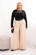 Spodnie damskie Plus Size z szeroką nogawką i paskiem beżowe