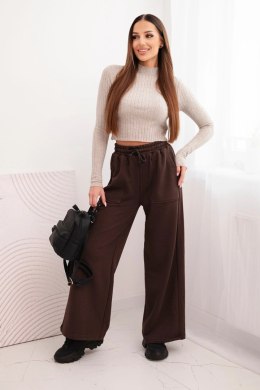 Spodnie damskie bawełniane z szeroką nogawką i kieszeniami brązowe