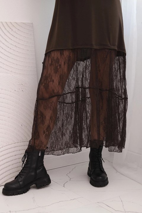 Sukienka damska z tiulowym dołem i rękawami brązowa