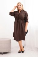Sukienka damska z wiskozy Plus Size z guzikami i wiązaniem w talii brązowa