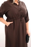 Sukienka damska z wiskozy Plus Size z guzikami i wiązaniem w talii brązowa