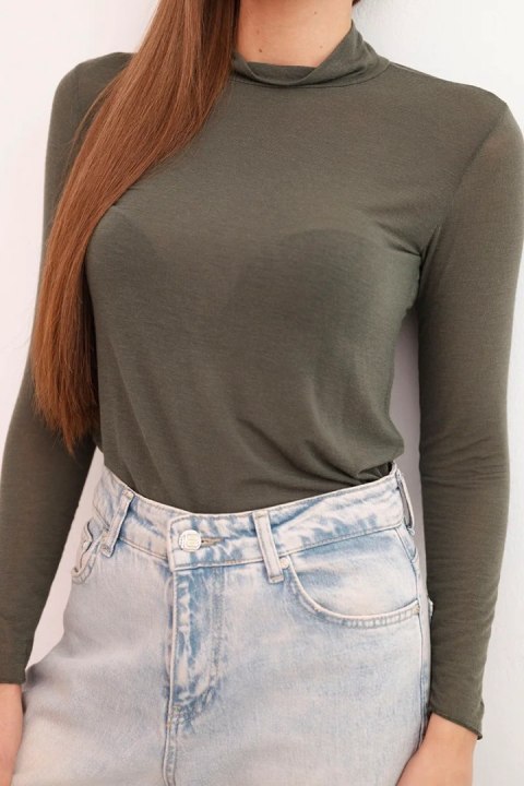 Bluzka damska z kaszmiru z delikatnym golfem i długim rękawem, khaki