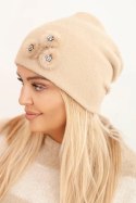 Czapka damska z ozdobnymi futrzanymi kwiatami elegancka camelowa