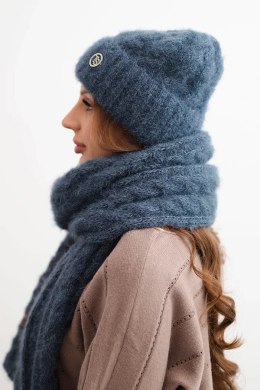 Komplet damski czapka i szalik prążkowany z ozdobą jeansowy