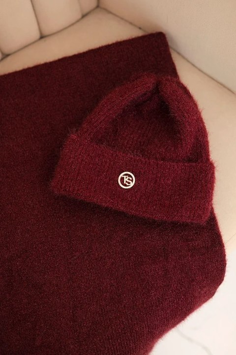 Komplet damski z czapką i kominem z miękkiej dzianiny bordowy