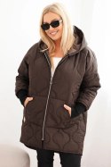 Kurtka damska zimowa Plus Size pikowana z kapturem brązowa