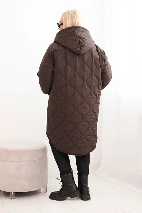 Kurtka damska zimowa Plus Size pikowana z kapturem brązowa