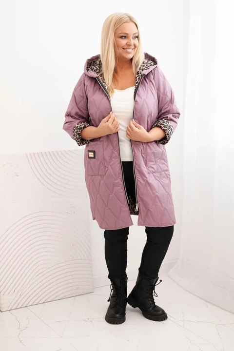 Kurtka damska zimowa pikowana Plus Size z podszewką w panterkę i kapturem ciemno różowa