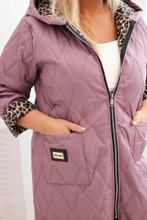 Kurtka damska zimowa pikowana Plus Size z podszewką w panterkę i kapturem ciemno różowa