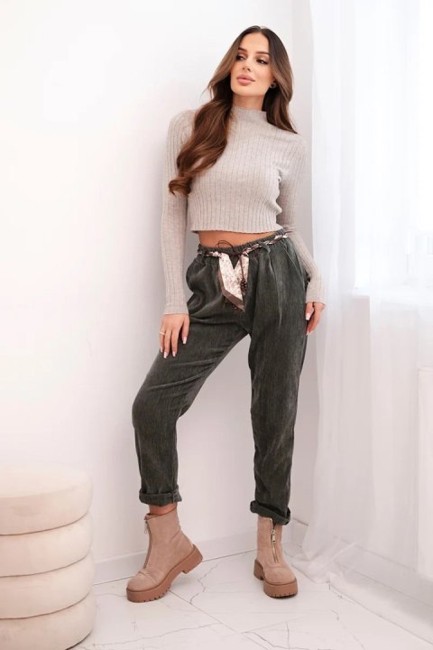 Spodnie damskie z wiskozy z apaszkowym paskiem khaki