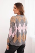 Sweter damski w romby z ażurem i okrągłym dekoltem szary