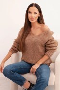 Sweter damski z domieszką wełny z dekoltem V camelowy