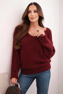 Sweter damski z miękkiej dzianiny z dekoltem V bordowy