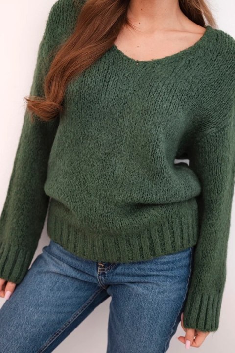 Sweter damski z miękkiej dzianiny z dekoltem V khaki