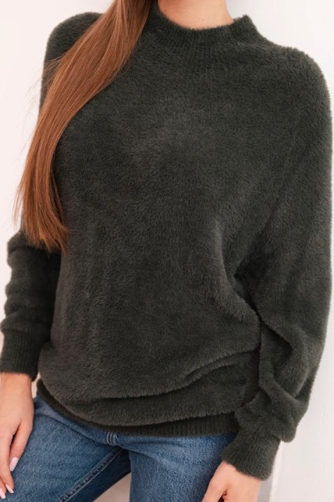 Sweter damski z wełną o miękkiej fakturze i długim rękawem khaki