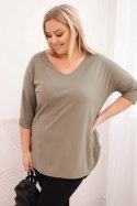 Bluzka damska bawełniana Plus Size z dekoltem V i podwijanym rękawem khaki