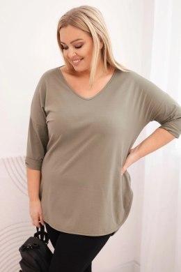 Bluzka damska bawełniana Plus Size z dekoltem V i podwijanym rękawem khaki