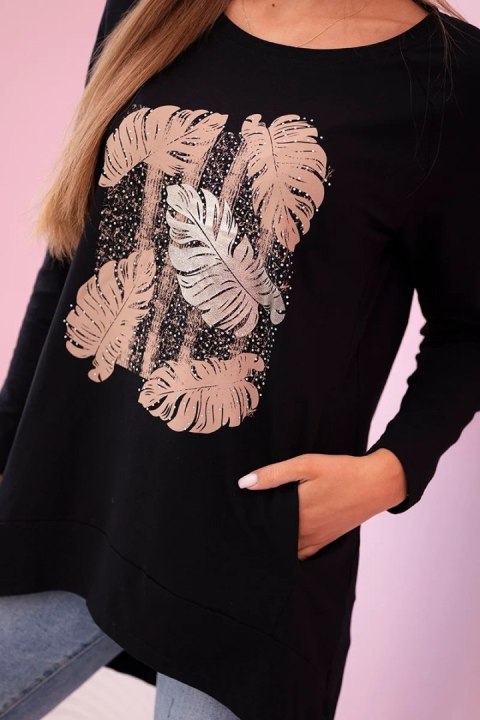 Bluzka damska z kieszeniami i ozdobnym nadrukiem czarna