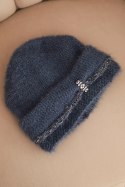 Czapka damska zimowa puszysta z perełkami i ozdobnym splotem jeansowa