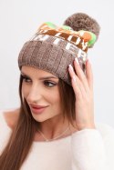 Czapka damska zimowa z wełną i napisem z dużym pomponem K422 cappuccino
