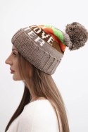 Czapka damska zimowa z wełną i napisem z dużym pomponem K422 cappuccino