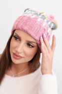 Czapka damska zimowa z wełną i napisem z dużym pomponem K422 ciemny pudrowy róż