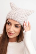 Czapka damska zimowa z wełną o kocim fasonie z prążkowanej dzianiny K419 beżowa