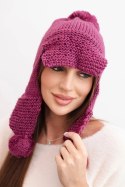 Czapka damska zimowa z wełną z daszkiem i pomponami K475 ciemno fioletowa