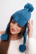 Czapka damska zimowa z wełną z daszkiem i pomponami K475 jeansowa