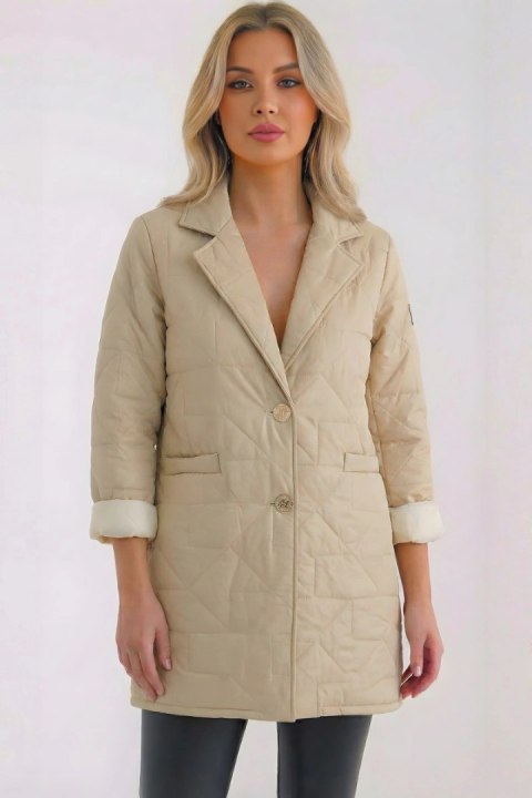Kurtka damska Plus Size pikowana z ozdobnymi guzikami i kołnierzem ciemno beżowa