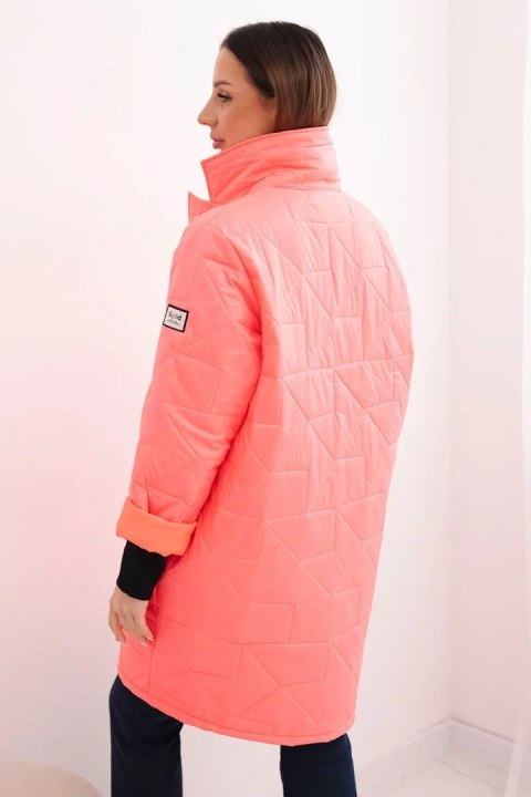 Kurtka damska Plus Size pikowana z ozdobnymi guzikami i kołnierzem różowy neon