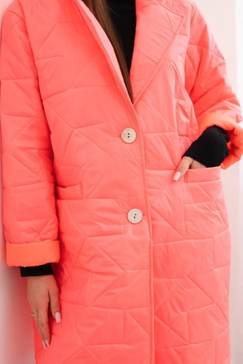 Kurtka damska Plus Size pikowana z ozdobnymi guzikami i kołnierzem różowy neon