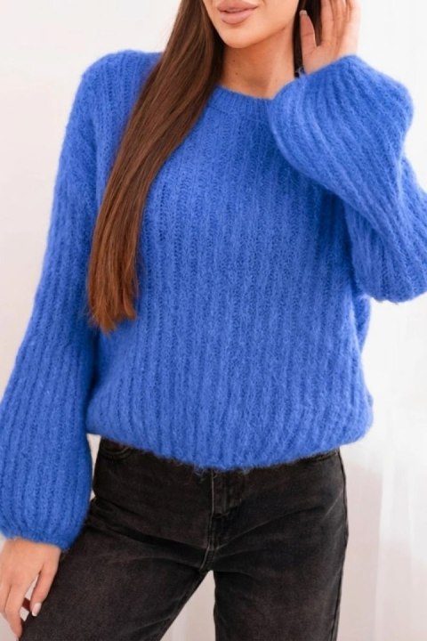 Sweter damski z moheru z bufiastymi rękawami ciemny jeansowy