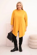 Bluzka damska bawełniana Plus Size asymetryczna z podwijanym rękawem musztardowa