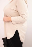Bluzka damska bawełniana Plus Size z dekoltem V i podwijanym rękawem beżowa