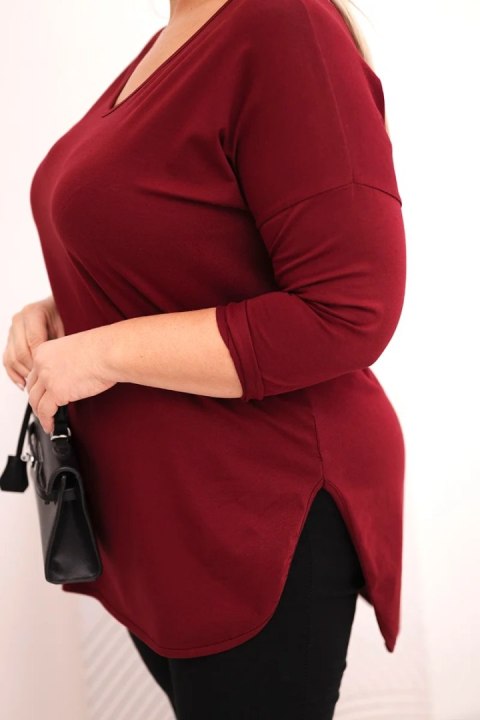 Bluzka damska bawełniana Plus Size z dekoltem V i podwijanym rękawem bordowa