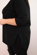 Bluzka damska bawełniana Plus Size z dekoltem V i podwijanym rękawem czarna