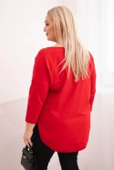 Bluzka damska bawełniana Plus Size z dekoltem V i podwijanym rękawem czerwona