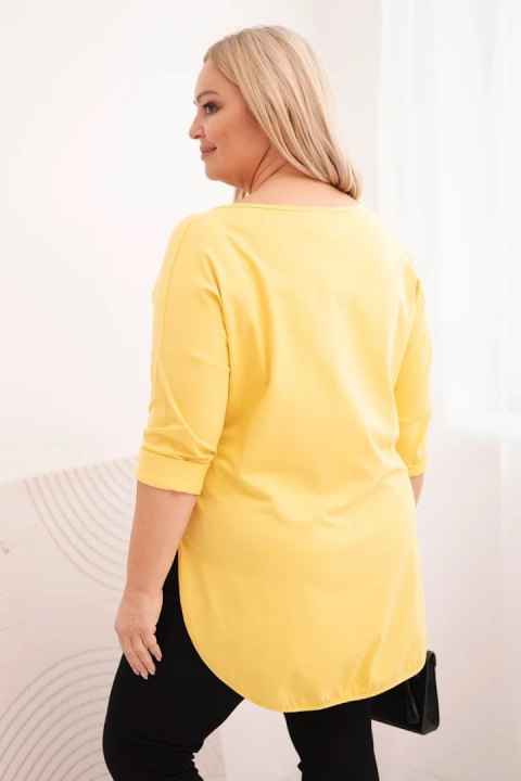 Bluzka damska bawełniana Plus Size z dekoltem V i podwijanym rękawem żółta