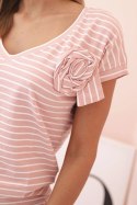 Bluzka damska bawełniana w paski z dekoltem V ciemny pudrowy róż