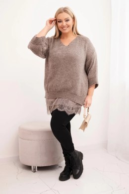 Komplet damski sweter z dekoltem V i bluzka wiskozowa z koronkowym dołem fango