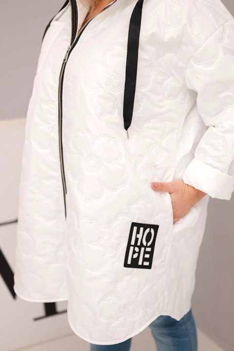 Kurtka damska Plus Size pikowana z kapturem i napisem HOPE biała