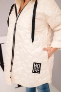 Kurtka damska Plus Size pikowana z kapturem i napisem HOPE jasno beżowa