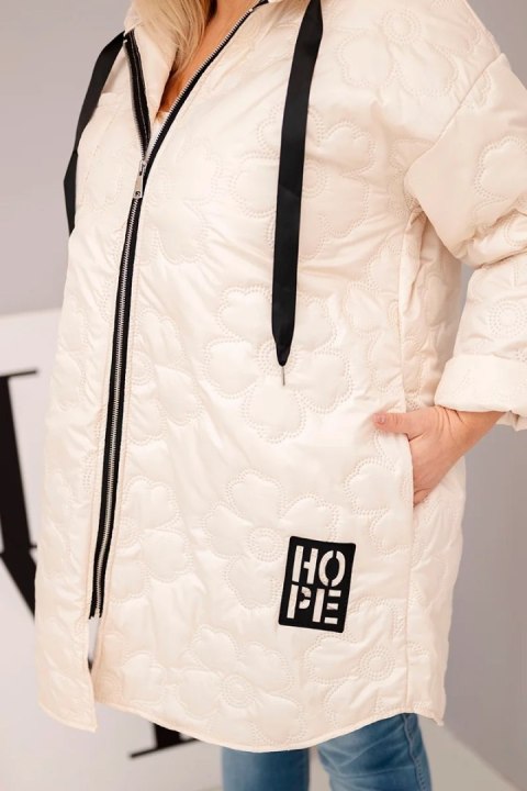 Kurtka damska Plus Size pikowana z kapturem i napisem HOPE jasno beżowa