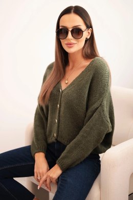 Sweter damski z dekoltem V i guzikami khaki